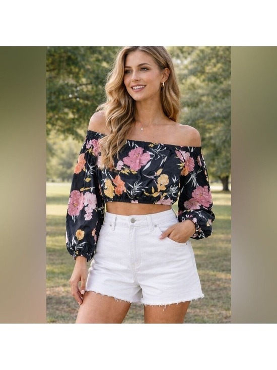 Guess Tops - Guess Black Floral Crop Top Size Large